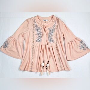 HELLY Women's Pink Cottagecore Embroidered Floral Tie Peasant‎ Blouse Size Large